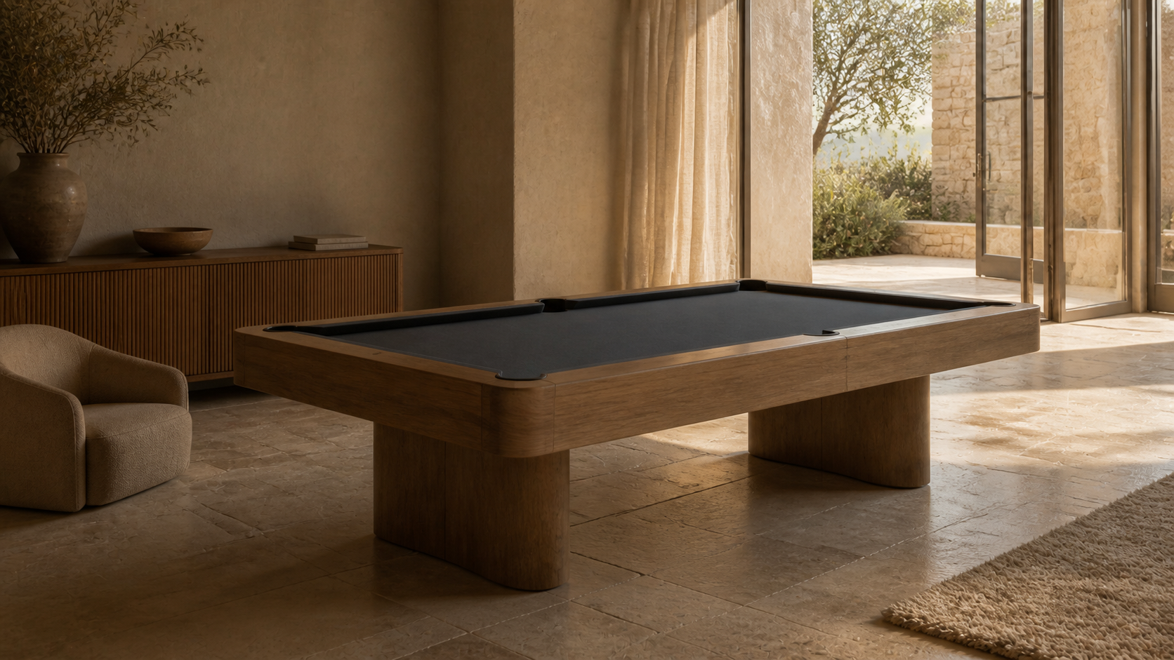 NORTH oak pool table in a warm contemporary lifestyle interior